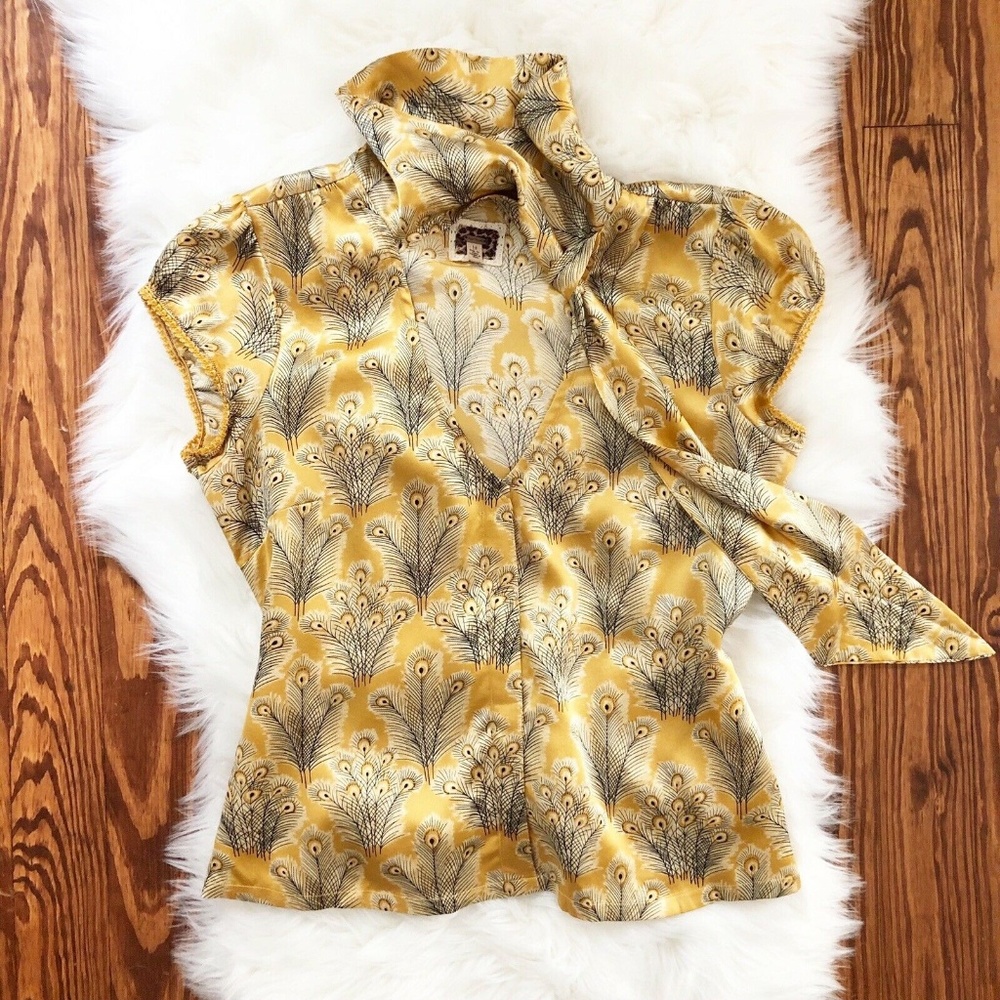 Free People Gold Peacock Feather Silk Blouse Top